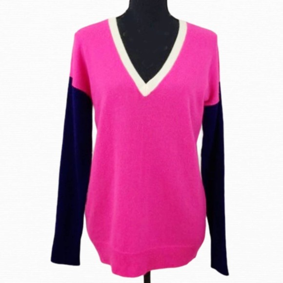 Elorie Sweater Womens Small Pink Blue Cashmere Colorblock V Neck Knit Pullover - Picture 1 of 9